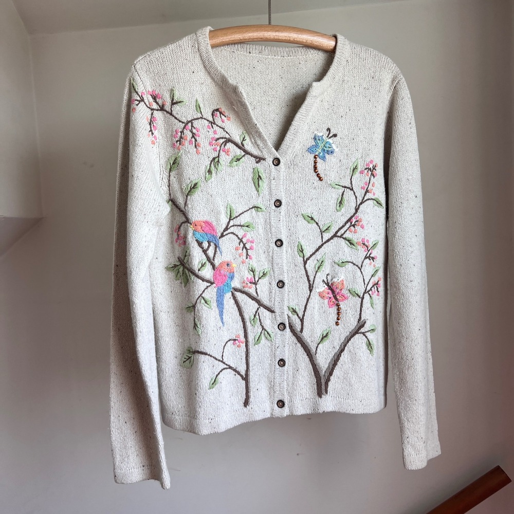 Vintage Embroidered Bird Butterfly Cardigan Beaded Oatmeal Knit Cottagecore Boho - Picture 7 of 8